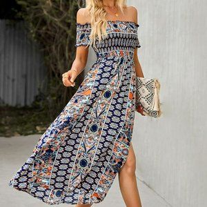 Bohemian Off-Shoulder Frill Trim Split Dress CUTE FOR SUMMER